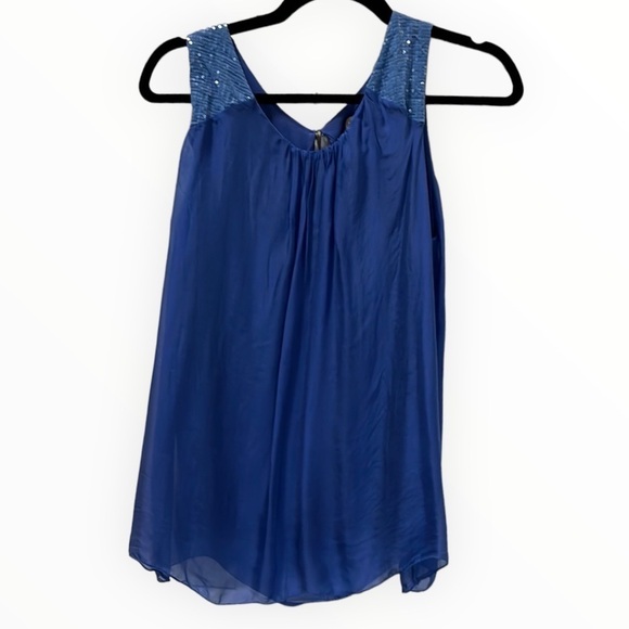 MARIE LA LUNE Blue Silk Blend Top with Sequins on Shoulder NWT - Picture 1 of 13